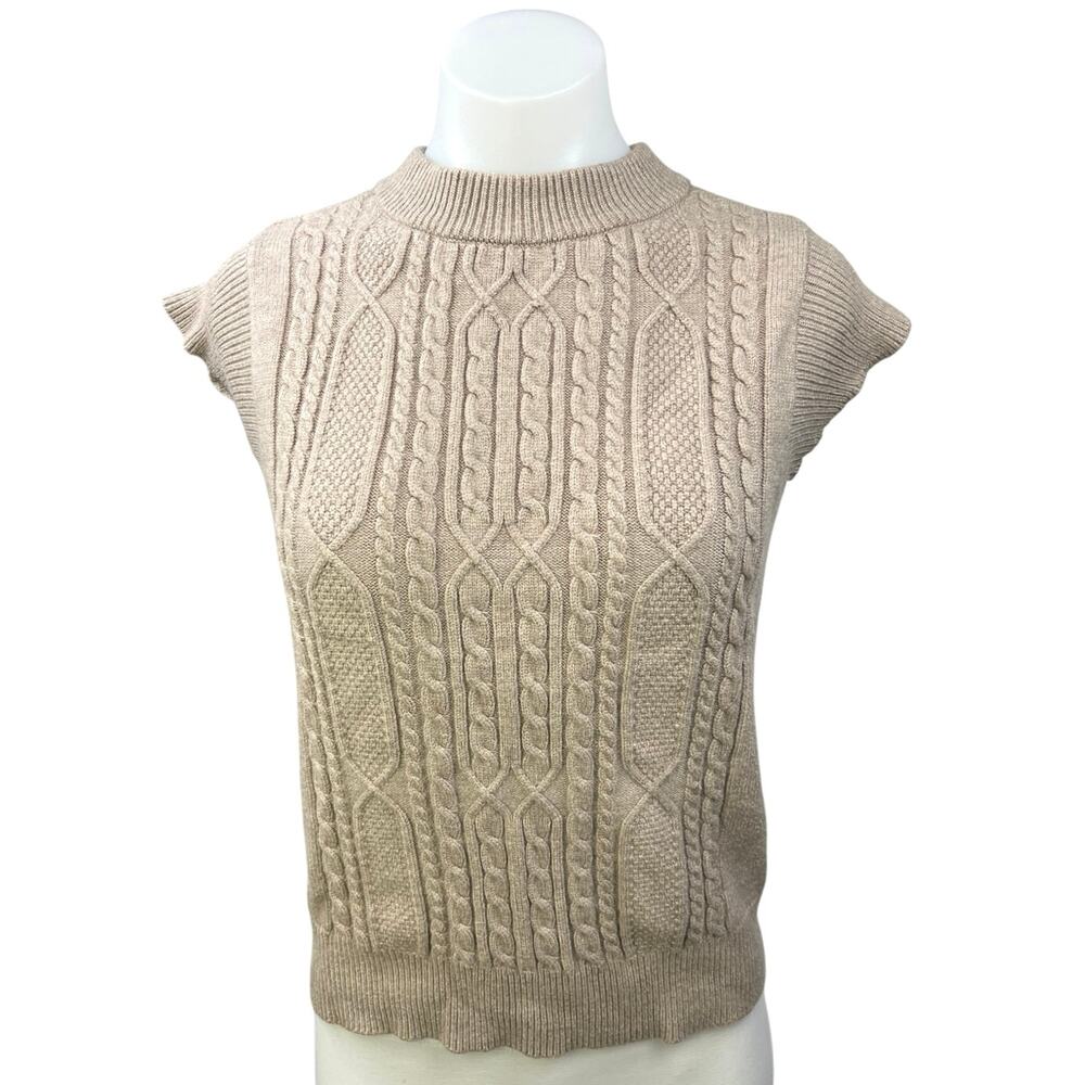 Cyrus Beige Tan Mock Neck Chunky Cable Knit Cap Sleeve Sweater Top Size XS